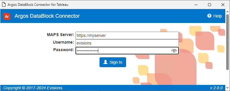 Argos DataBlock Connector for Tableau - Google Chrome - myserver/Custom/adbc/Tableau/ArgosWDC.html.  MAPS Server: http://myserver/  Username: evisions  Password: *********